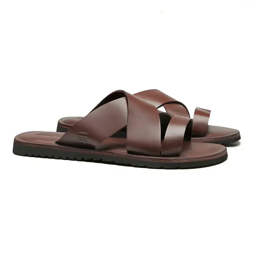 SANDÁLIA MASCULINA CASUAL EM COURO MARROM - CONHAQUE