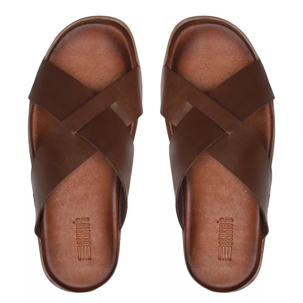 SANDÁLIA MASCULINA CASUAL EM COURO MARROM - CONHAQUE
